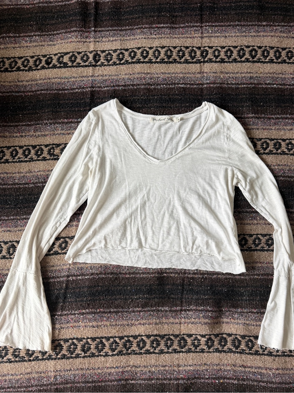 Michael Stars White Cropped  V-Neck Long Sleeve Tee